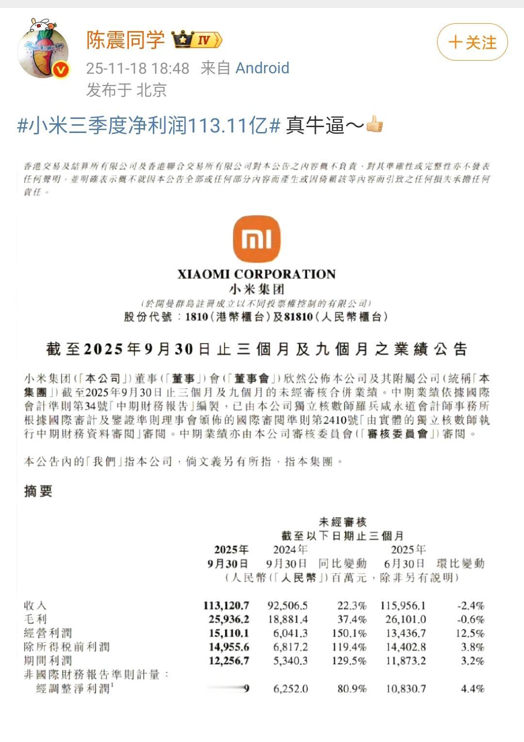 陈震：小米三季度净利润113.11亿真牛～[赞]​​​由此可见，小米造车