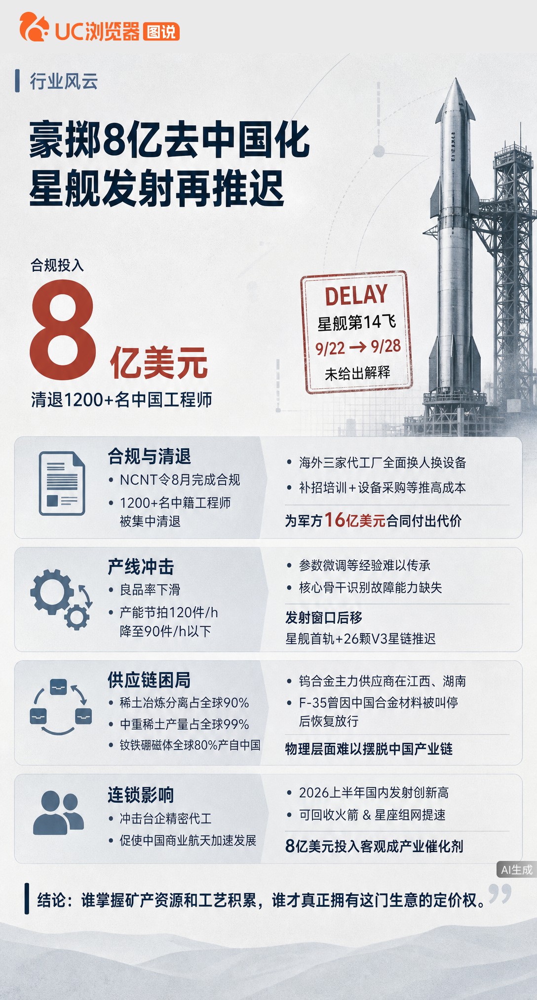 SpaceX花8亿清退1200名中国工程师搞去中国化，结果良品率下滑、星舰推迟。拆了设备才发现，核心