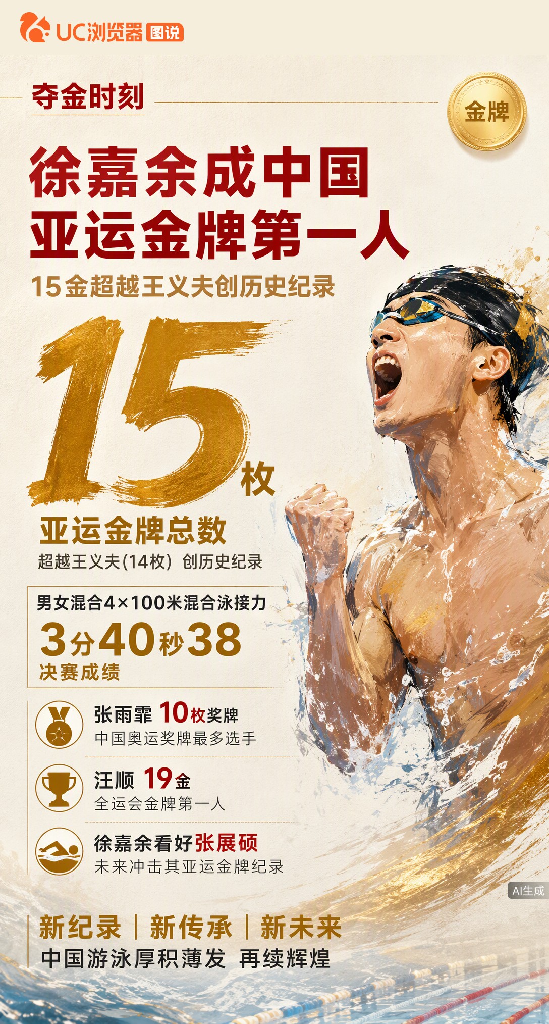 15金！徐嘉余随队夺男女混合4×100米混合泳接力冠军，超越王义夫成中国亚运金牌第一人。他直言张展硕