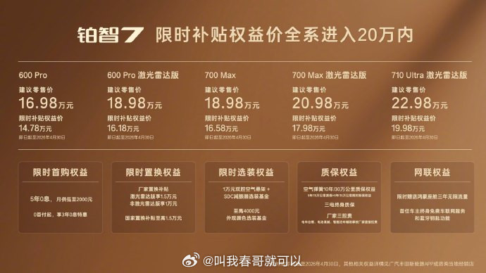 今天下午，今年车市最大的“价格屠夫”杀进来了。铂智7上市限时补贴权益价14.78