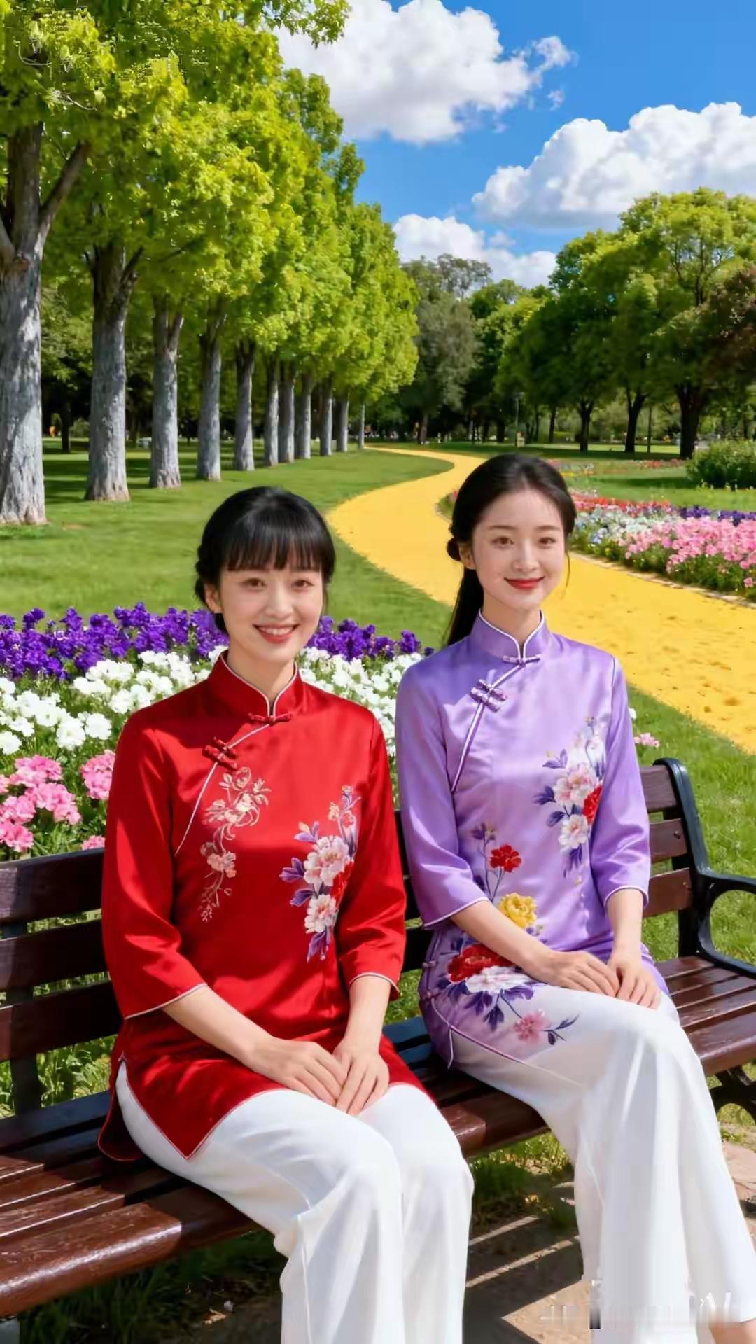 “春日公园里的姐妹花，红紫相映，笑靥如花”🌸🌸