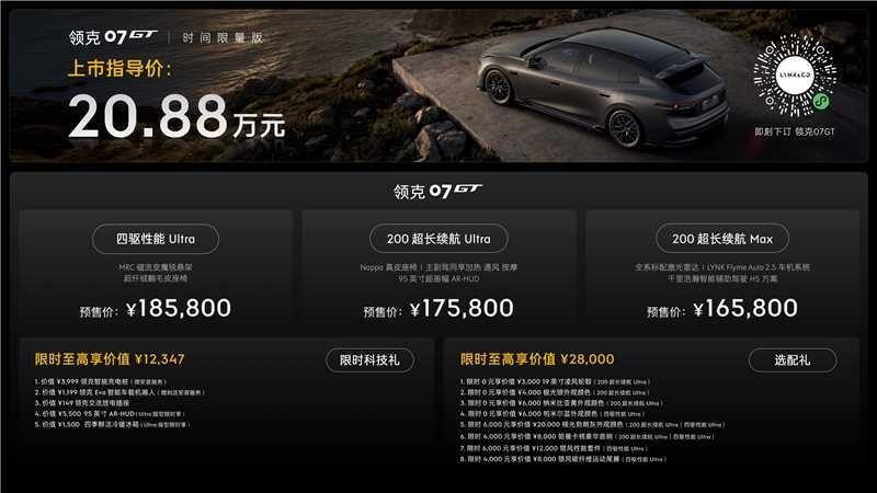 领克07GT这波预售价格一出来，16.58万-18.58万，时间限量版20.88