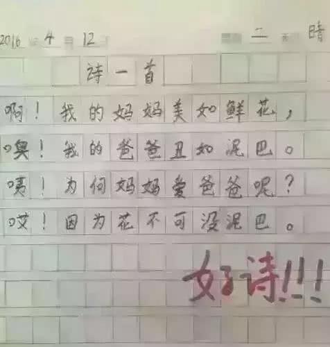 亲儿子的造句, 妈妈看了要离婚, 爸爸有家不敢回, 老师却给100分