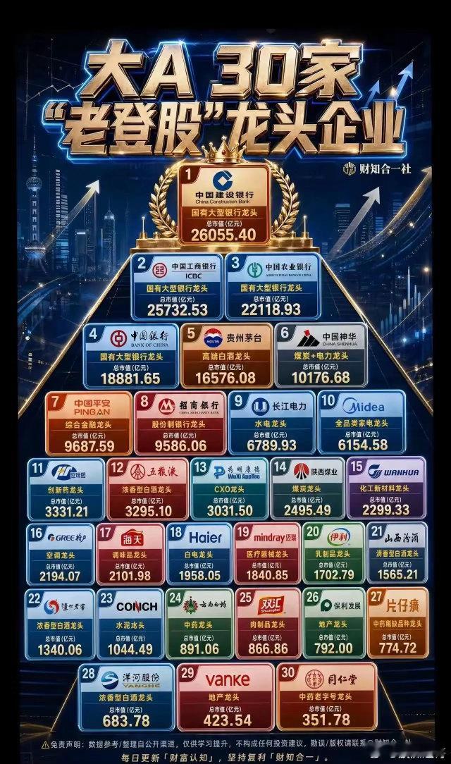 经历过大风大浪的老股民，最后的归宿就是“老登股”。这30家A股“老登股”龙头企业