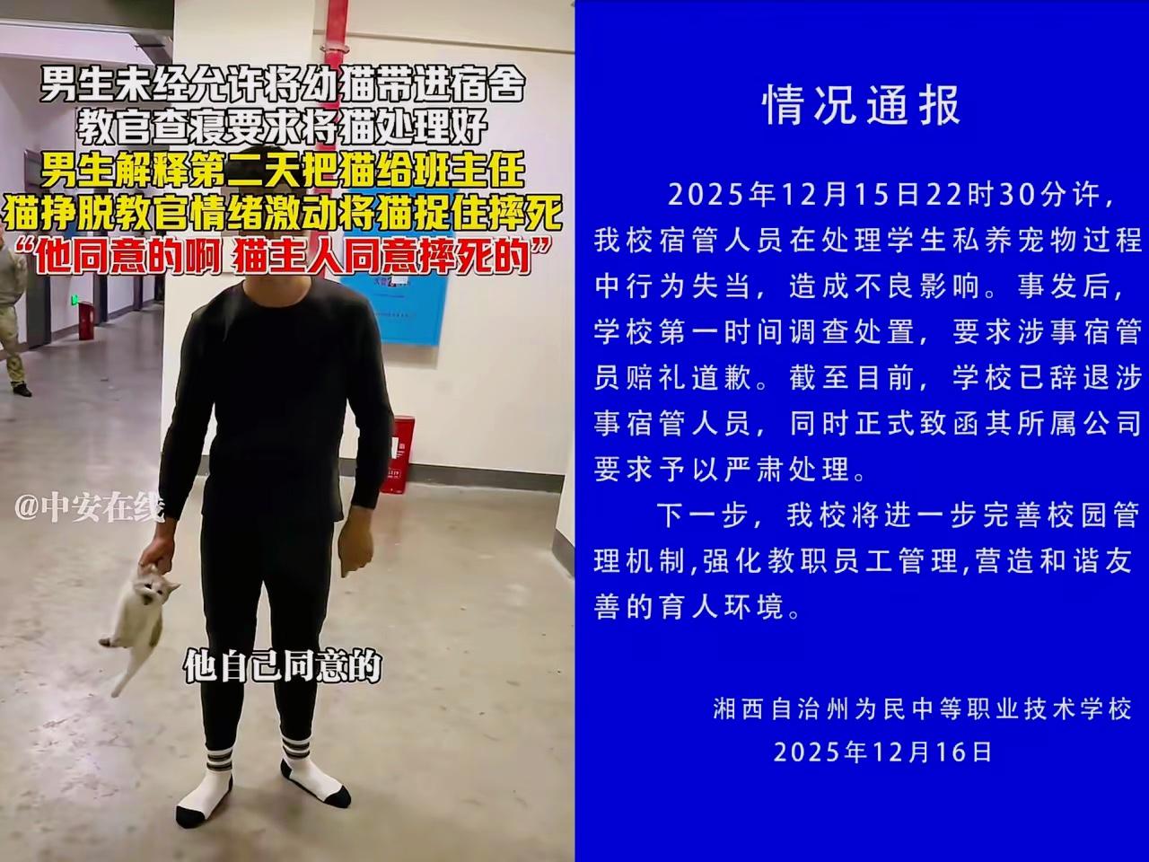 看到校方通报“摔死学生小猫”的教官处理了！​开除是肯定的，教官的处理方式有点极
