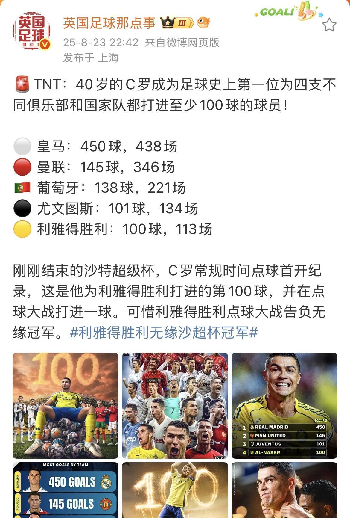 C罗输了沙超杯决赛，但因为在比赛中打入他在利雅得胜利的第100球，罗粉就吹起来了