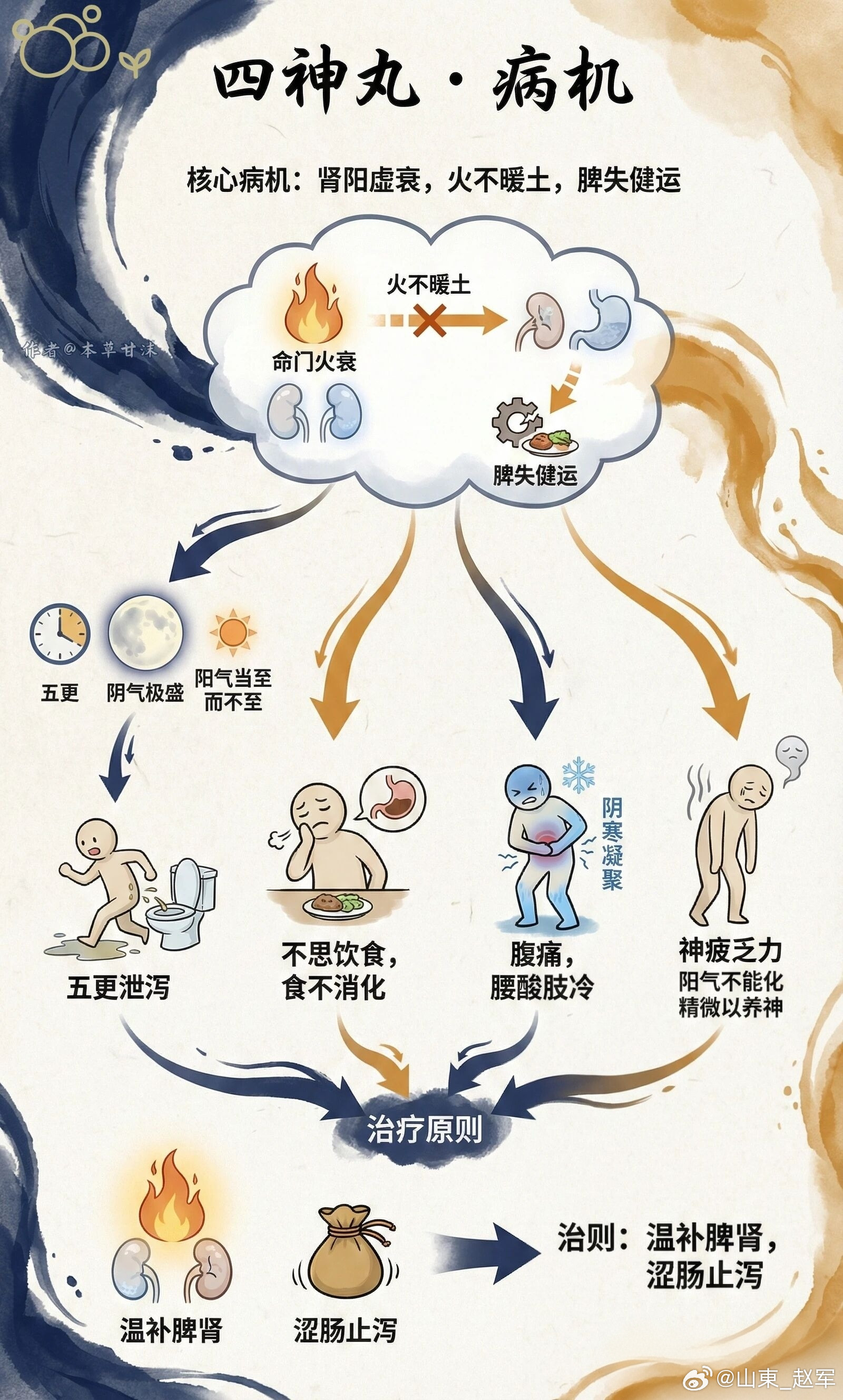 四神丸方证由命门火衰火不暖土脾失健运所致肾泄，又称五更泄。五更正是阴气极盛，