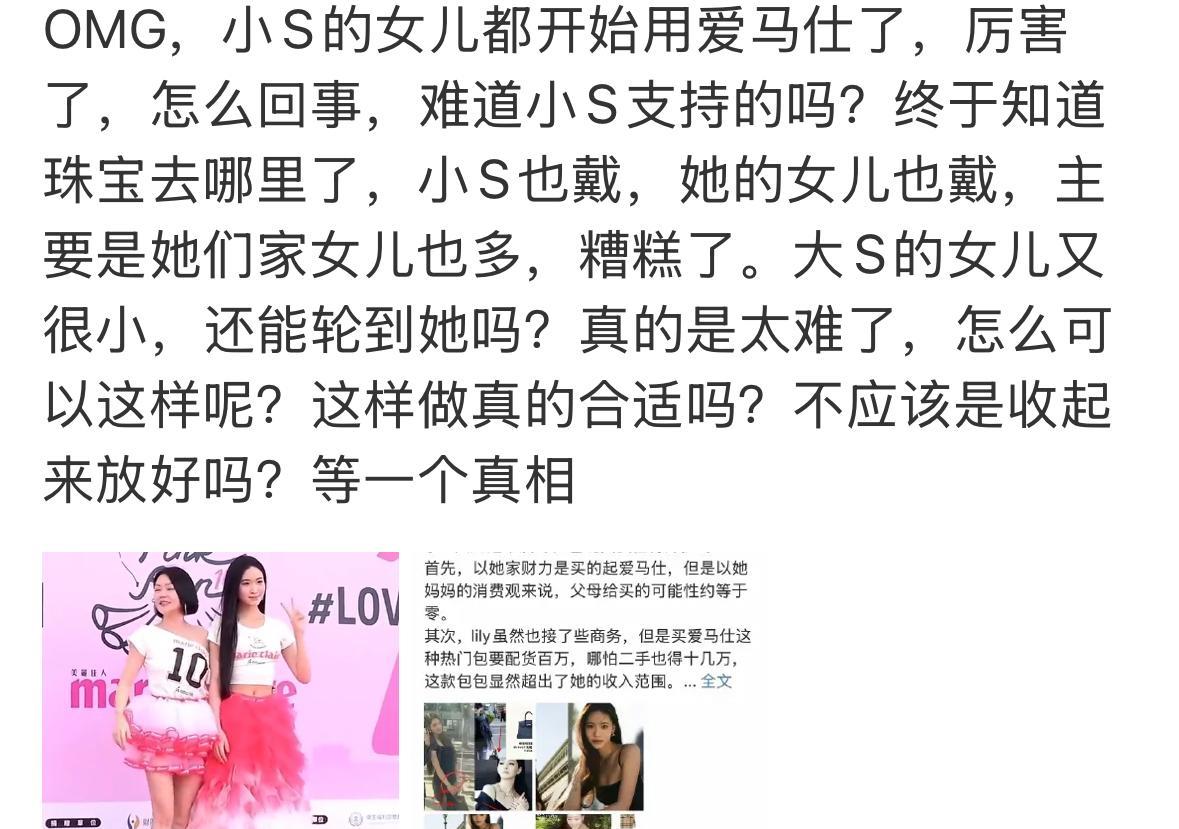 有都是自私的，可以理解小S这样做了。毕竟，她们家女儿多，大S那么多包包，鞋子，衣