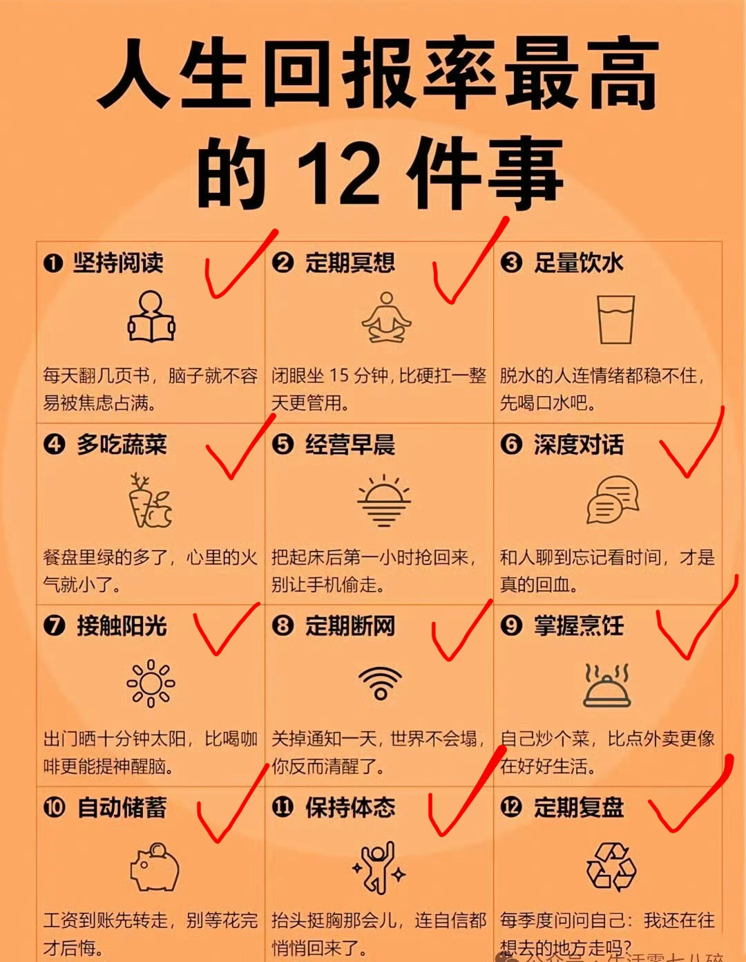 我只做10件，留下2件不做，不追求完美，每天睡到自然醒，喝水不渴不喝。