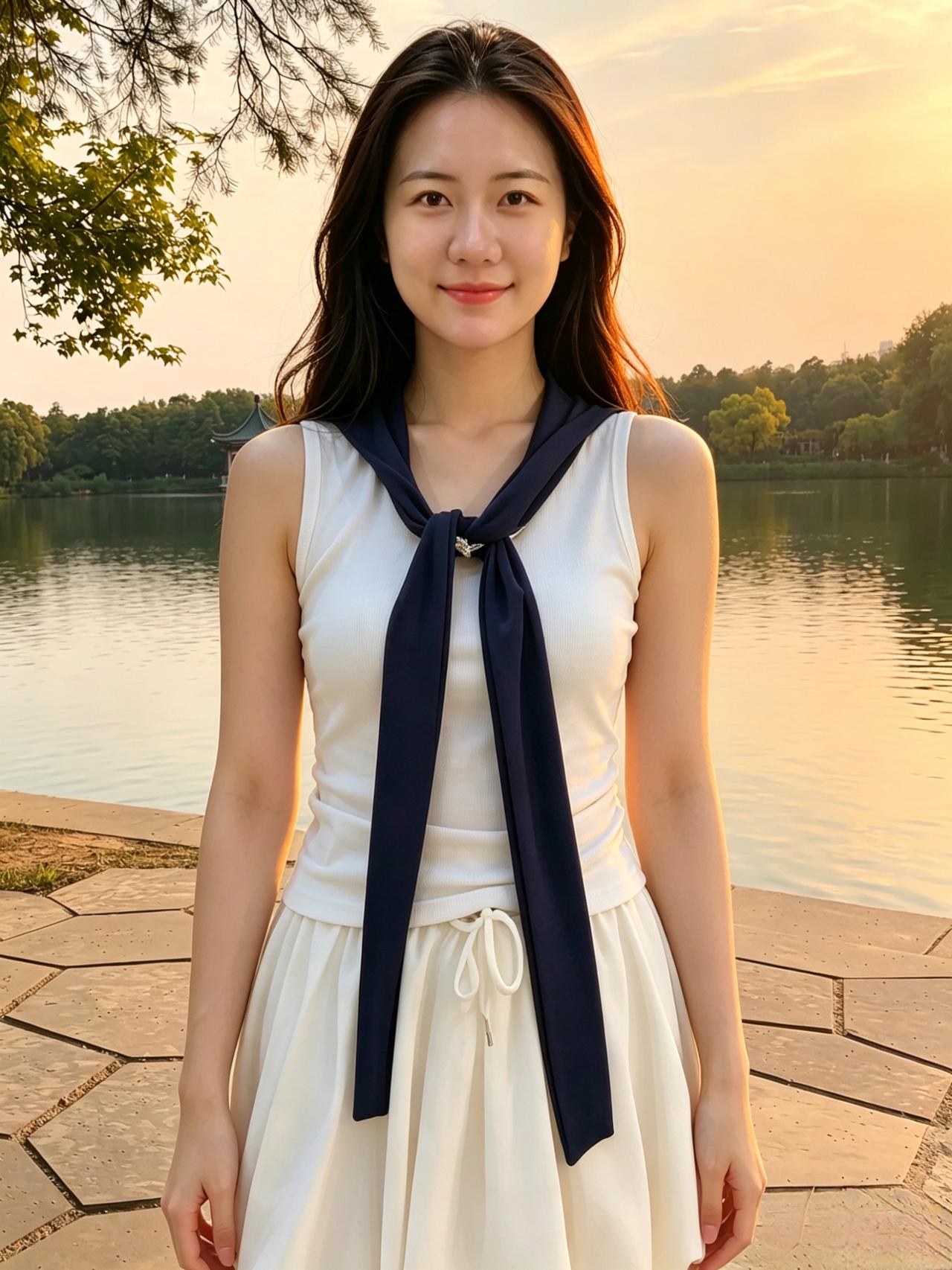 晴湖浮晚照，倩影倚芳丛。鬓软含春雾，眸清漾晚风。素裳藏雅态，清雅胜千红。