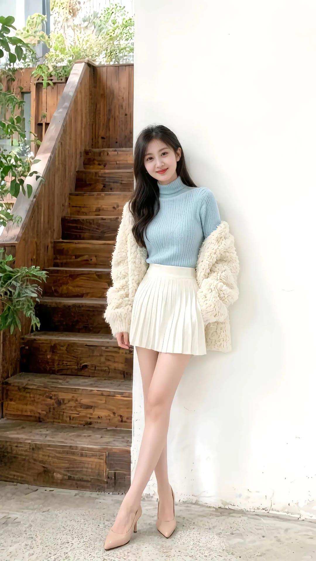 蓝色毛衣搭配白色百褶裙,简约大方，清新自然。