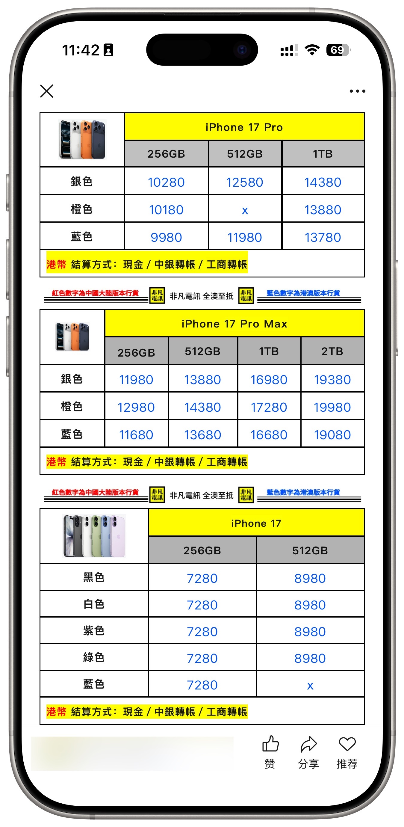 都国庆了，港版全系iPhone17价格居高不下，比国行还猛。​​​