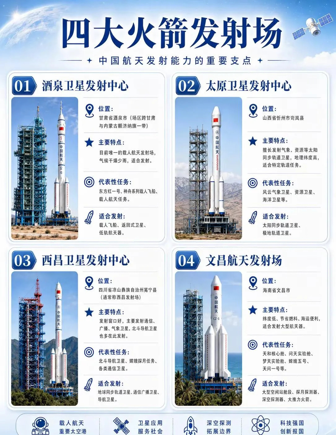 一图看懂我国四大火箭发射场：从戈壁icon到海岛。中国航天新征程中国航天发射场