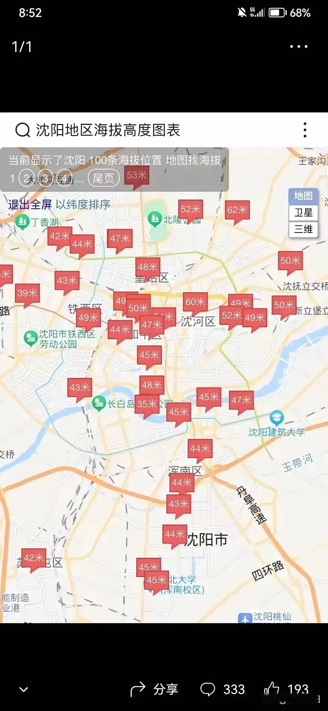 沈阳各板块海拔高度与积水难易等级◆一档：地势高·几乎不内涝（优秀）1.