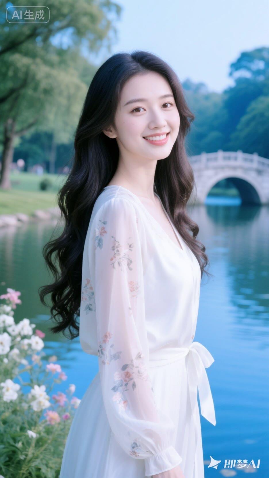 湖畔佳人笑，花影映秋波。