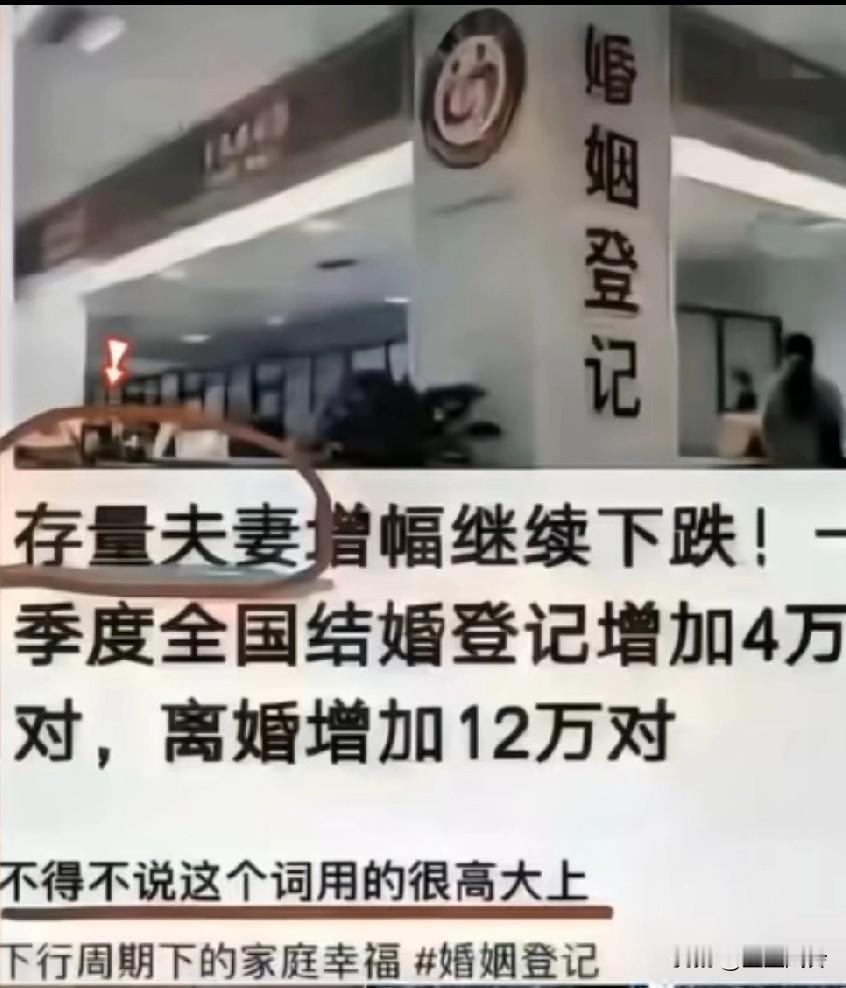 又来新词了:存量夫妻增幅持续下降，一季度全国结婚增加4万对，离婚增加12万对哈