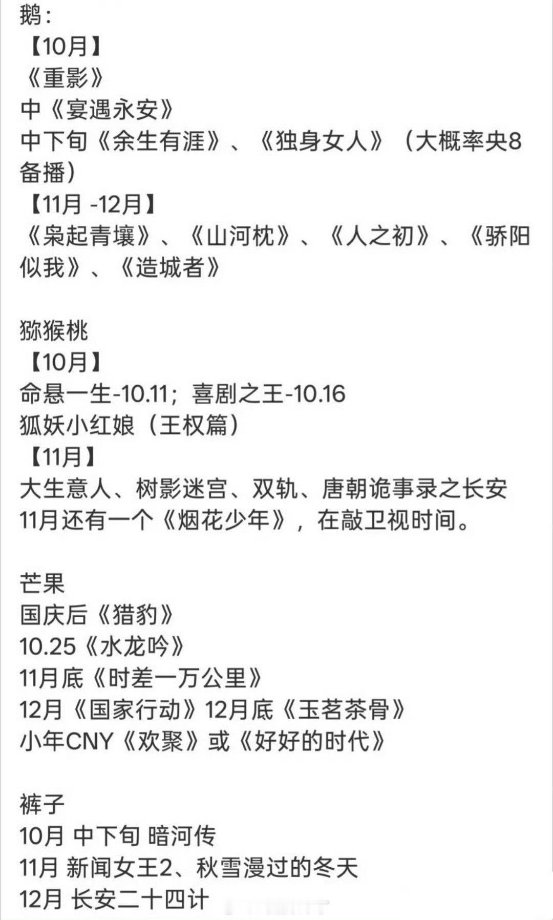 腾讯、爱奇艺、芒果、优酷第四季度排播计划​​​