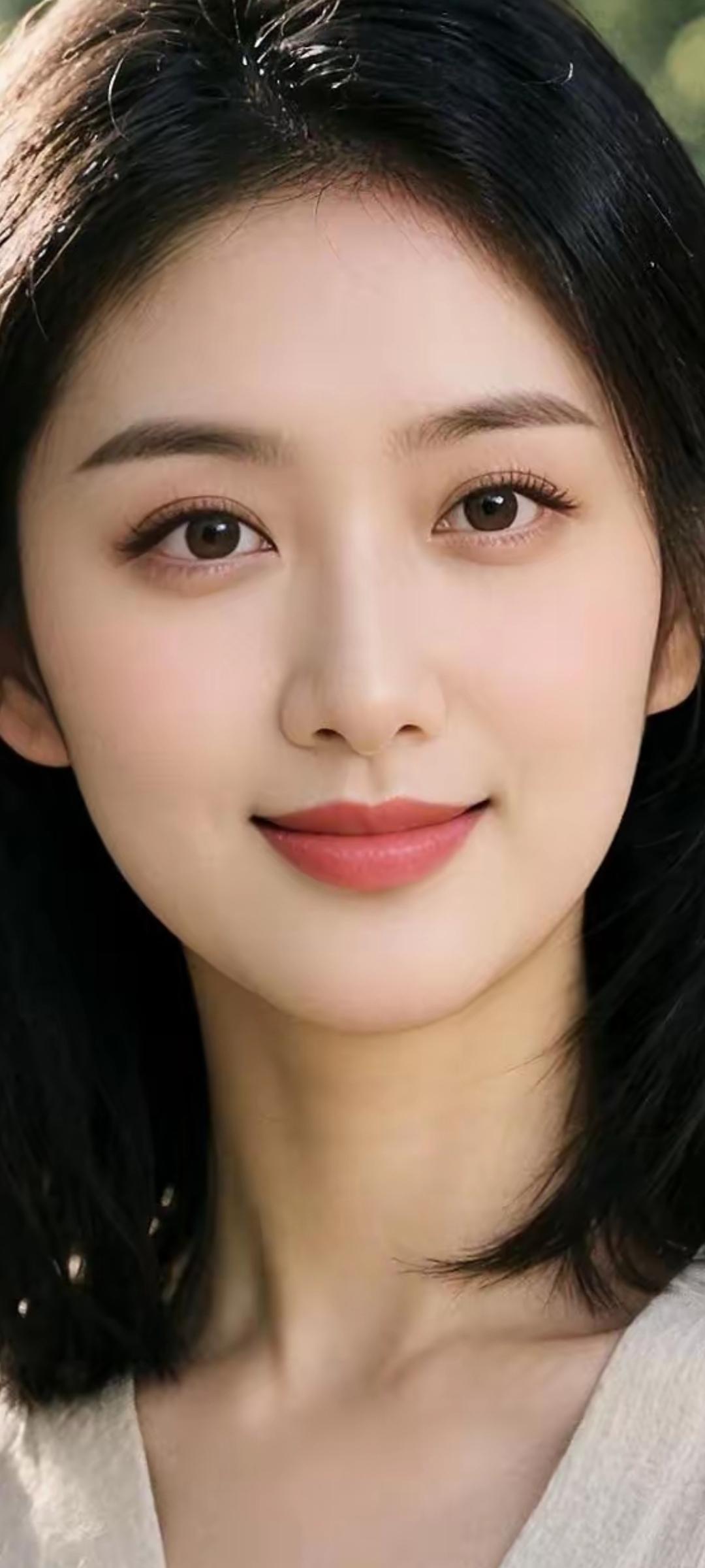温柔甜美的笑容，自然清新的妆容，黑发飘飘，清新自然。