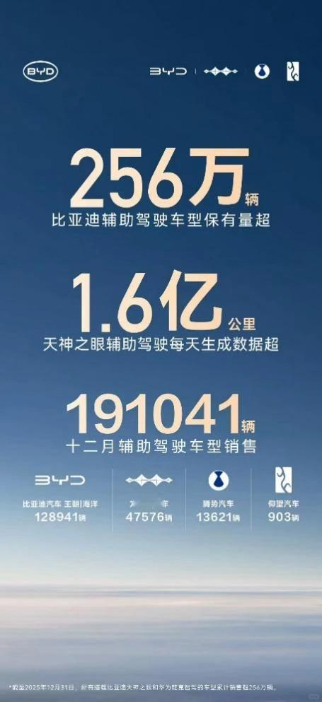 2025年12月，比亚迪天神之眼辅助驾驶车型单月销量达191041辆，搭