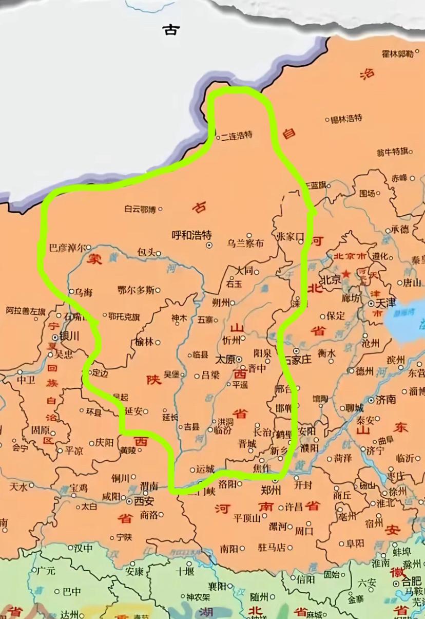 山西话的大致范围,东北部最远能到二连浩特,西北部最远能到大致到巴彦淖尔市、乌海市