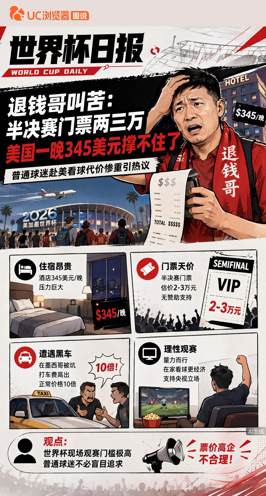 退钱哥叫苦：半决赛门票两三万，美国一晚345美元撑不住了