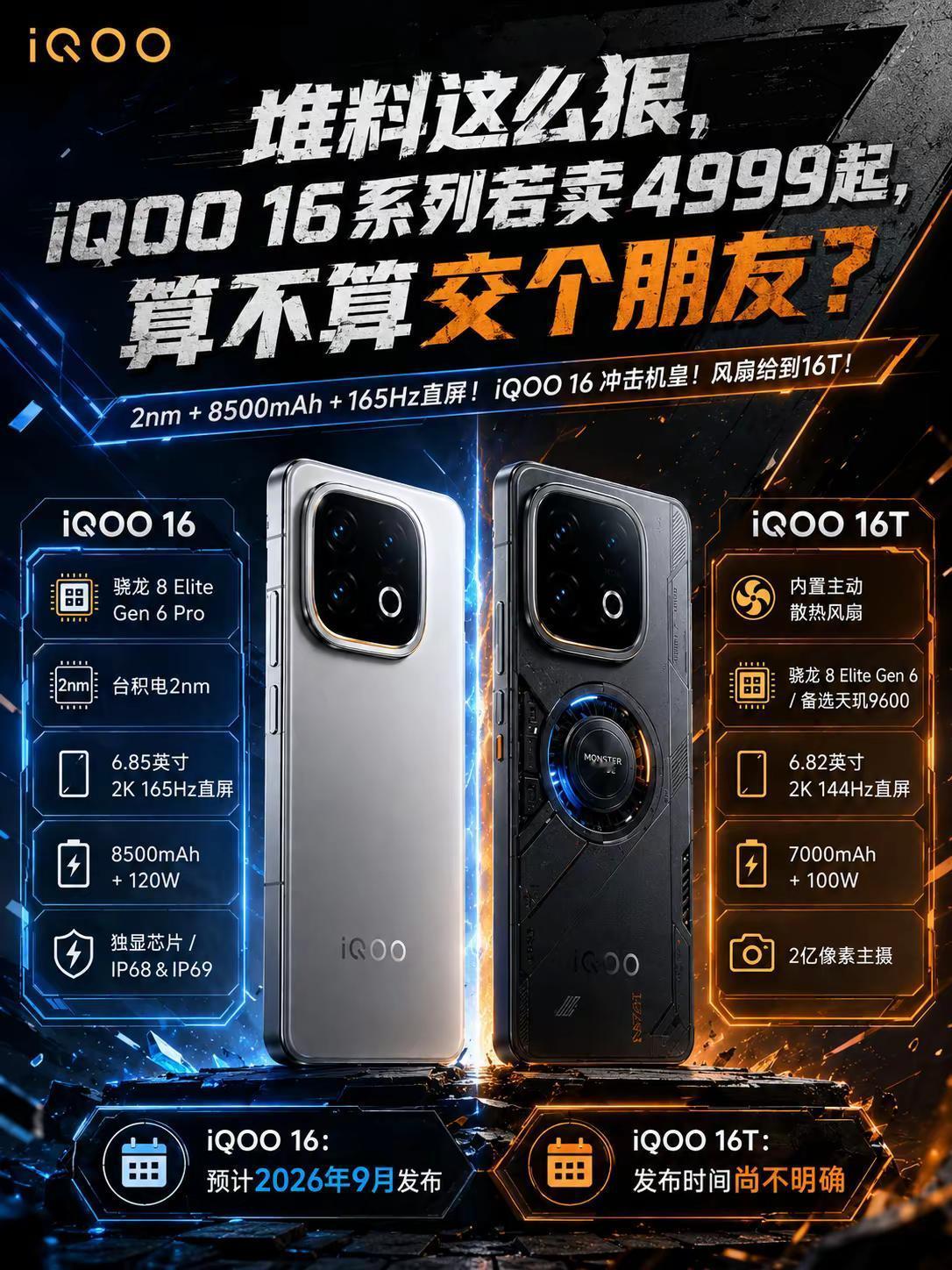 iQOO16预计9月发布，2nm芯片搭配8500mAh超大电池iQOO16i