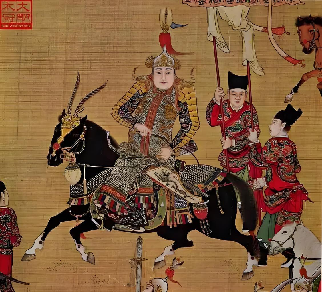 图一《出警图》绘有万历皇帝骑马，由陆路出京对比图二《乾隆骑马图》是清代意大利