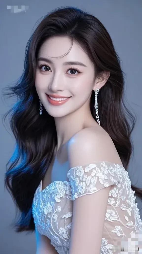 纱裙绣满柔白的花，碎钻耳坠垂着星子般的光，蓝调光晕裹着笑涡里的甜，连发丝都漾着宴
