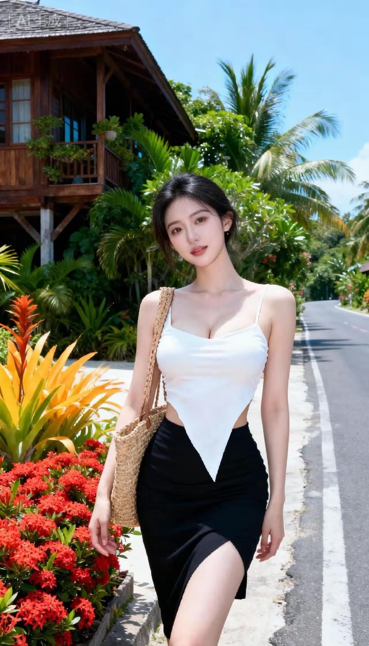 夏日度假风穿搭，白色背心搭配黑色高腰裙，轻松自在，享受热带风情！🌴👗👠