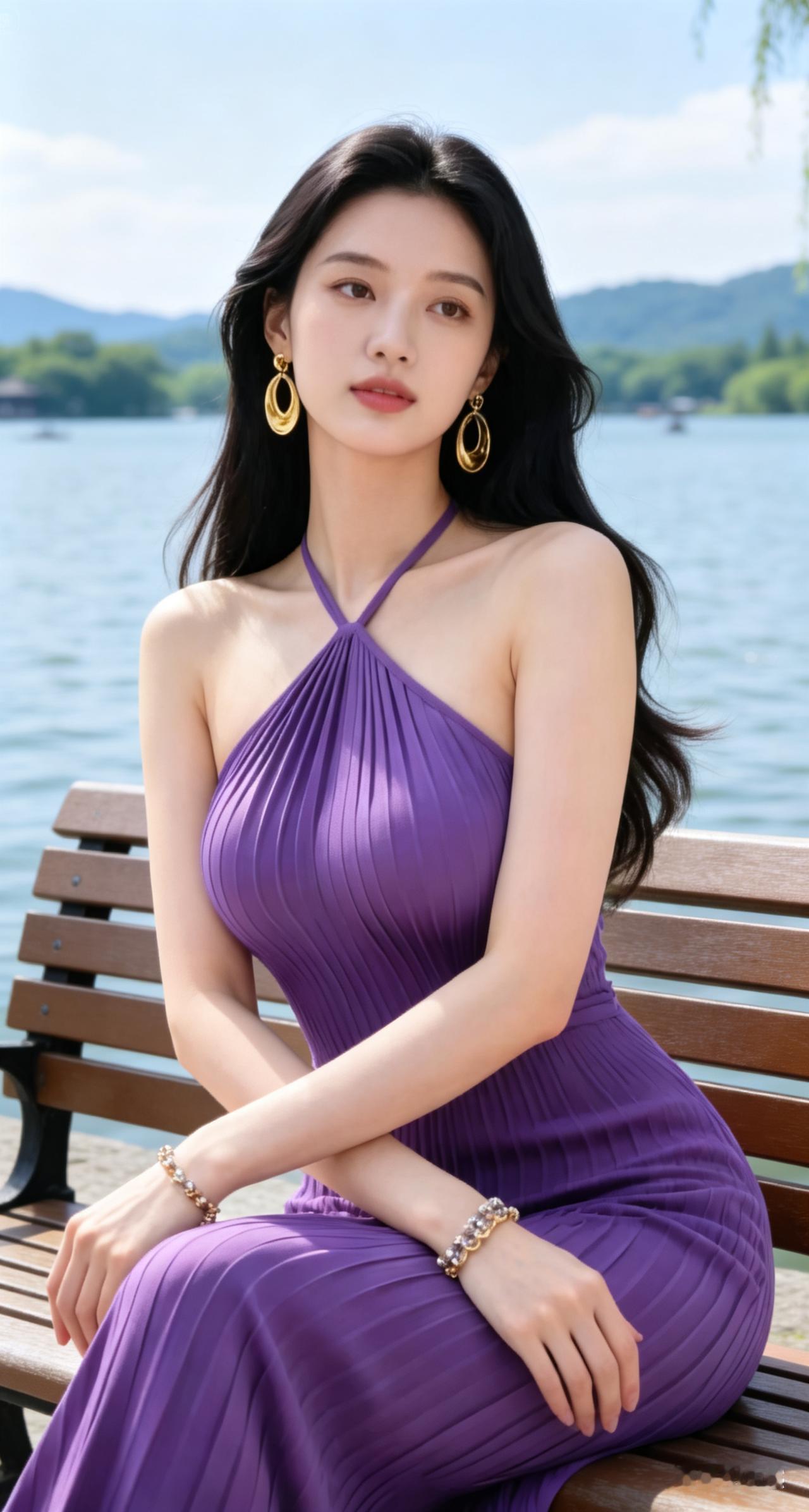 优雅紫裙，湖畔静坐，耳畔金环，尽显迷人风情。
