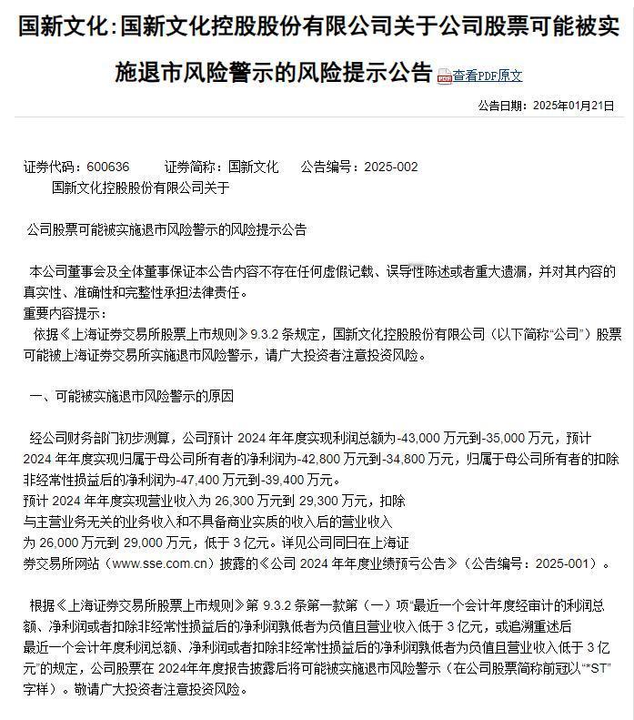 又来了，又一家公司因新规发布退市风险！！！[捂脸哭]😡刚刚，国新文化：关