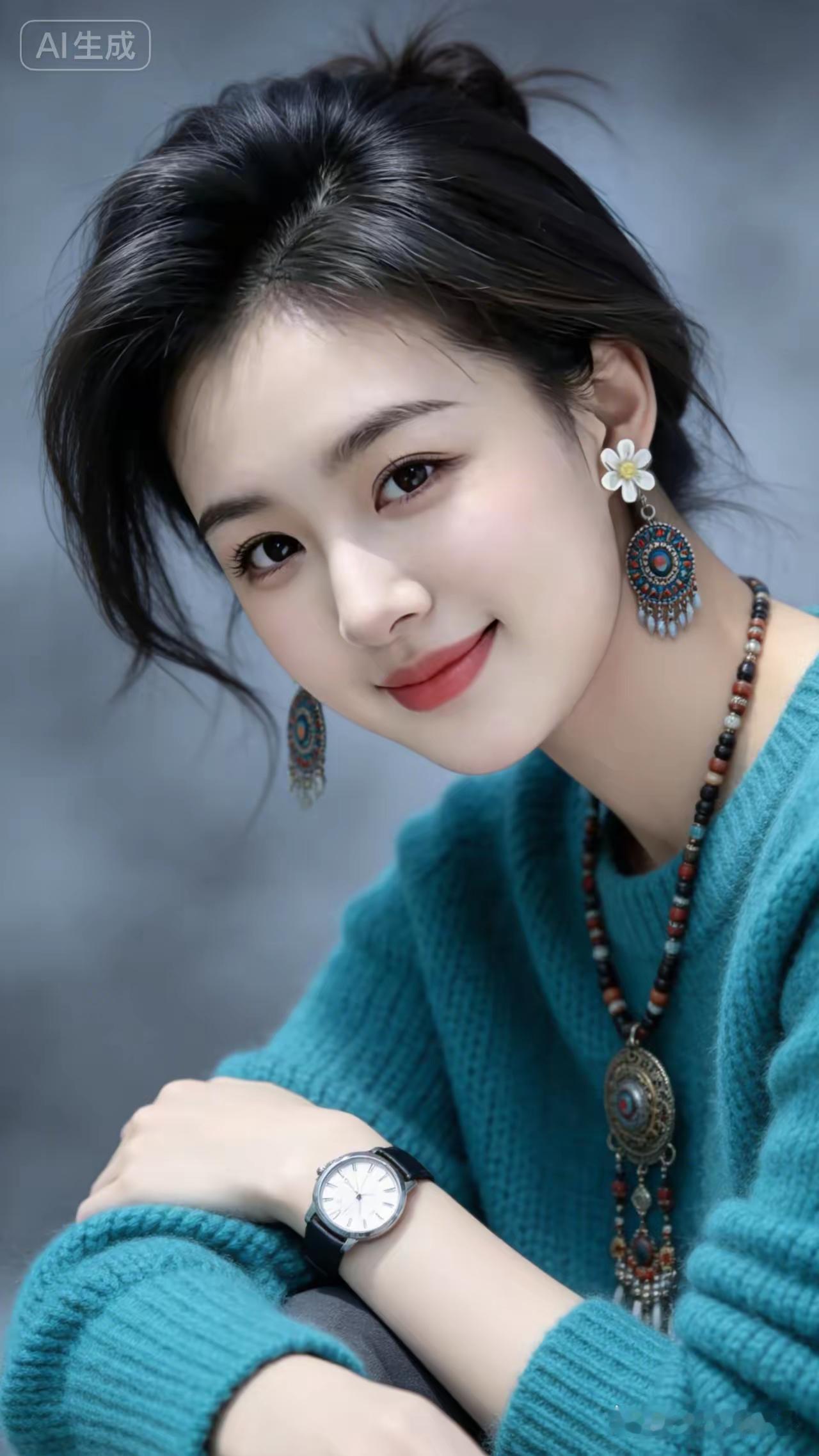这位小姐姐穿着蓝色毛衣，佩戴着花耳环和项链，微笑着看向镜头。
