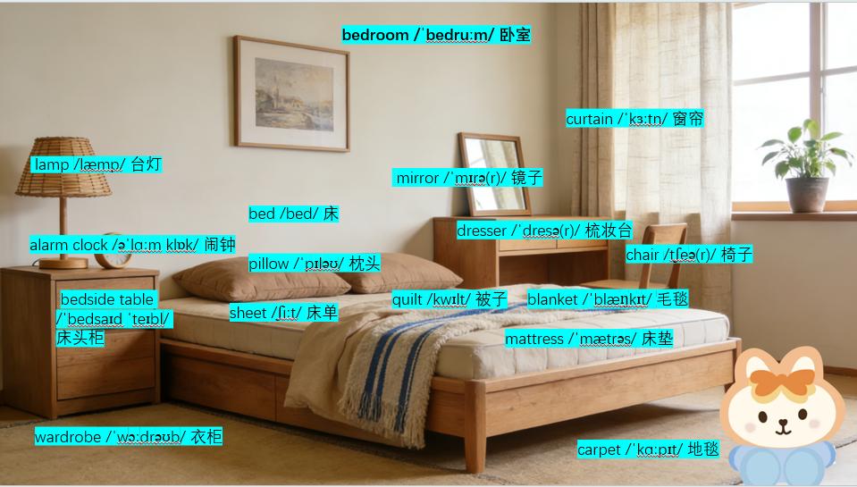 36岁自学英语第2天。今天把卧室主题的英语都学完了，也帮大家整理出来了，希望对