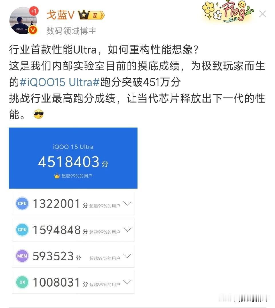 iQOO15Ultra实验室跑分破451万[笑着哭]又是实验室跑分，极致榨干骁龙8