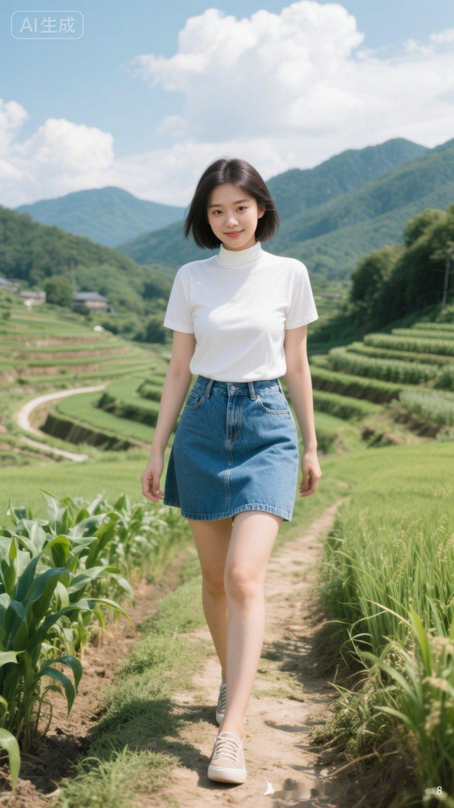 田园少女漫步在绿意盎然的山间小路，清新自然，美不胜收！🌿🌸🌼