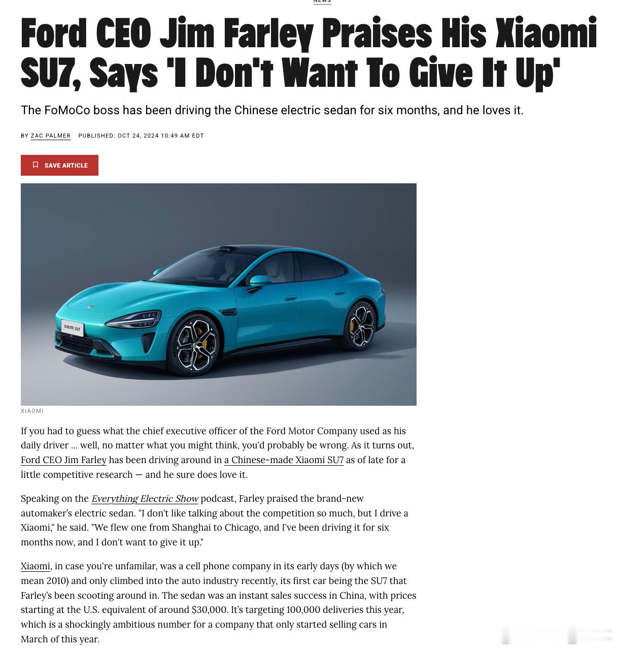 去年还对SU7爱不释手的福特CEO吉姆·法利认为，美国不应该让中国汽车进入，因为