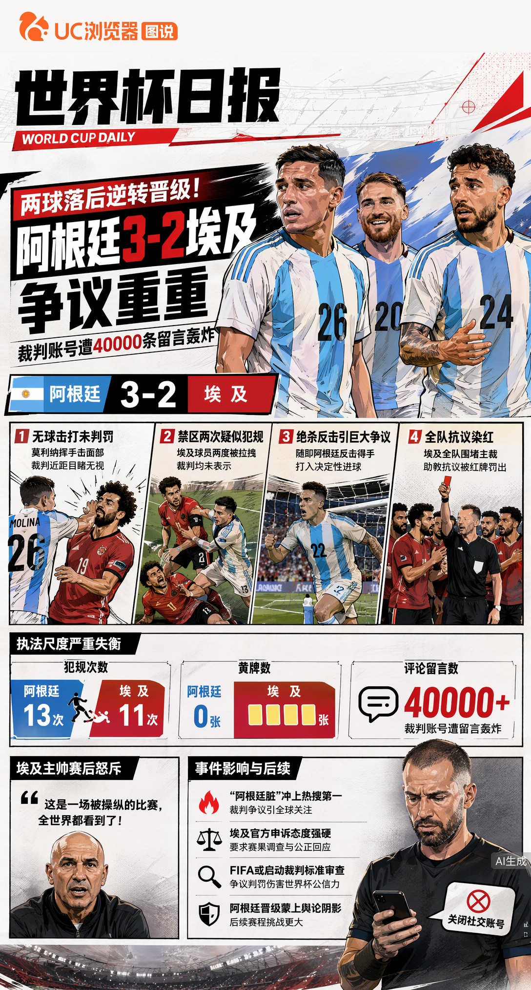 两球落后逆转晋级！阿根廷3-2埃及争议重重，裁判账号遭40000条留言轰炸