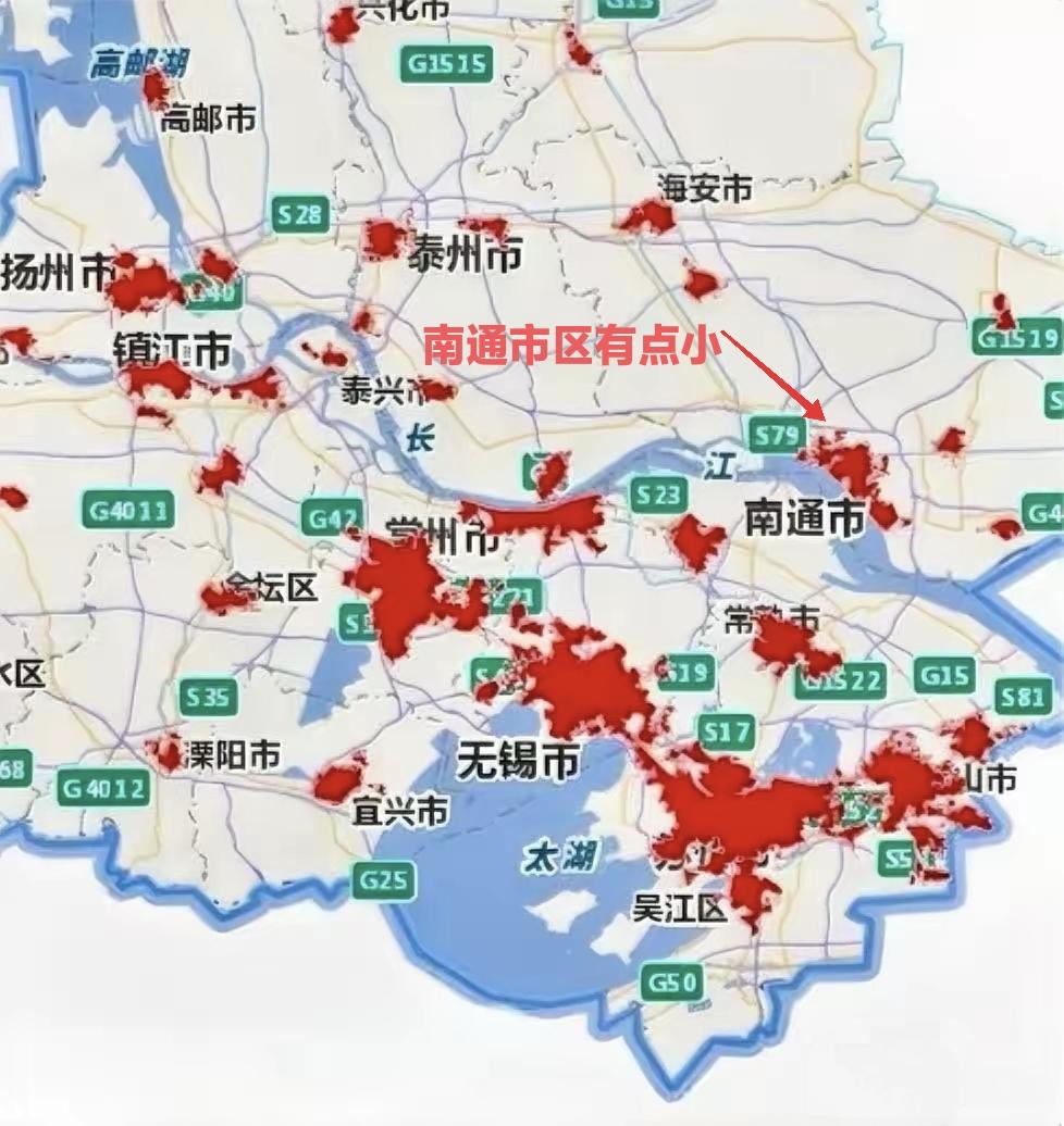 江苏部分城市城区面积大小。没有想到万亿GDP城市南通市区并不大，感觉和常熟差不多