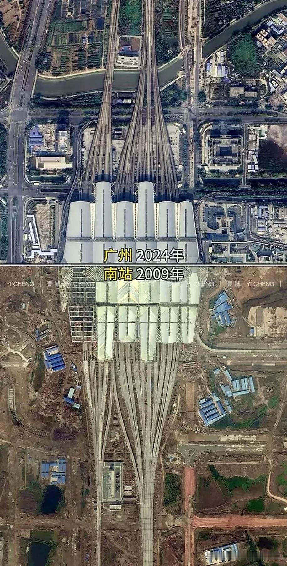 2009年与2024年，广州南站15年卫星图下的变迁。十五年前，武广高铁的建成，