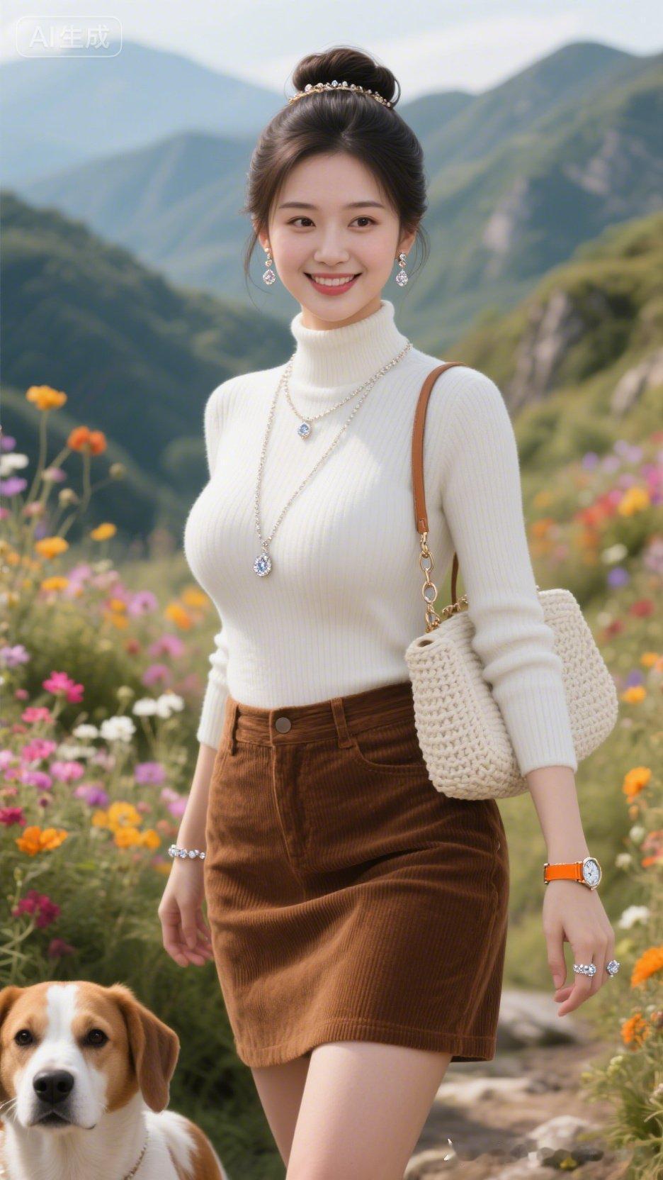 这位女士在花丛中微笑。