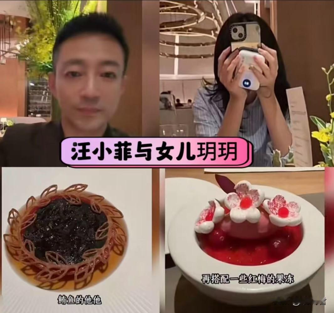 汪小菲与女儿玥玥在米其林餐厅共享美食，小玥儿用手机挡脸玥玥仿佛突然间就长成大女