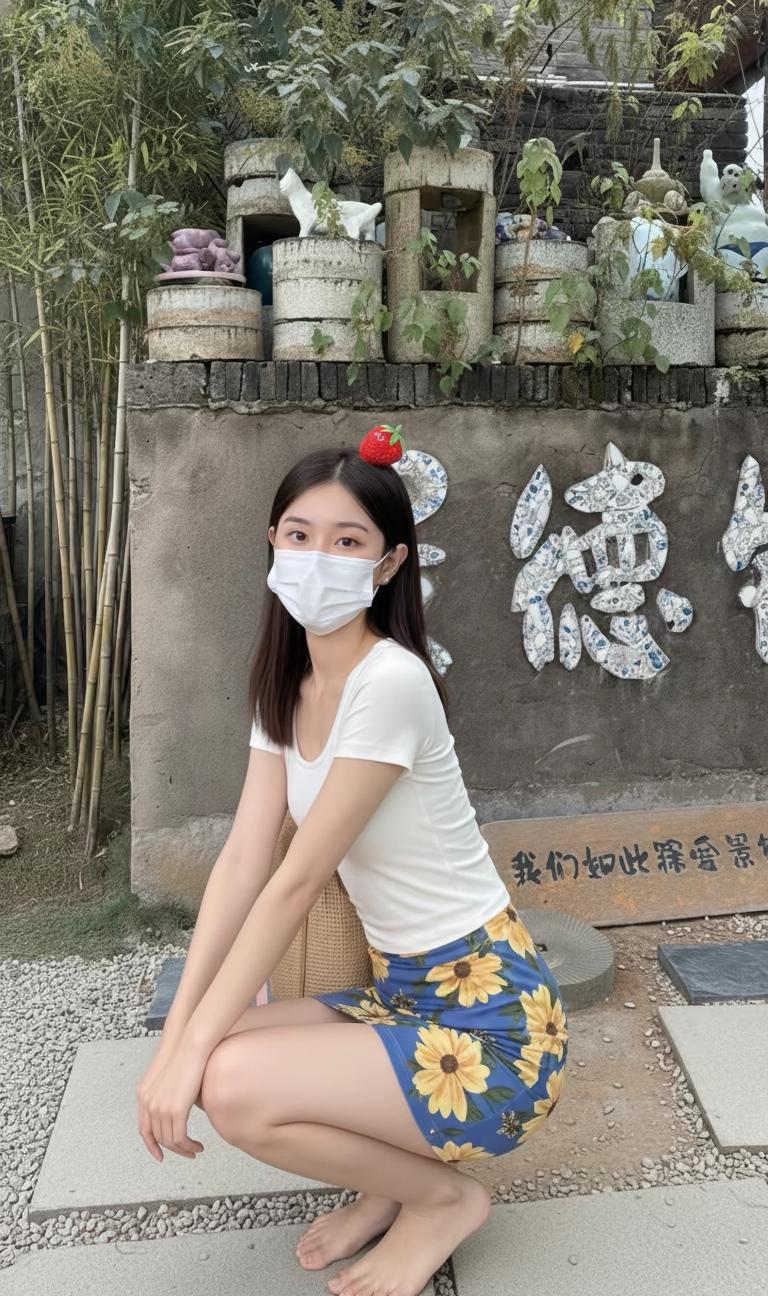 清新少女风，白色T恤+蓝色印花短裙，搭配红色发饰，元气满满！🌞💕