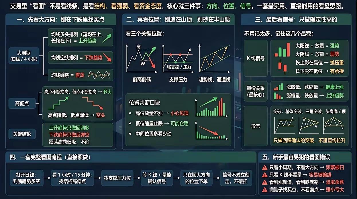 交易里“看图”不是看线条，是看结构、看强弱、看资金态度，核心就三件事：方向、
