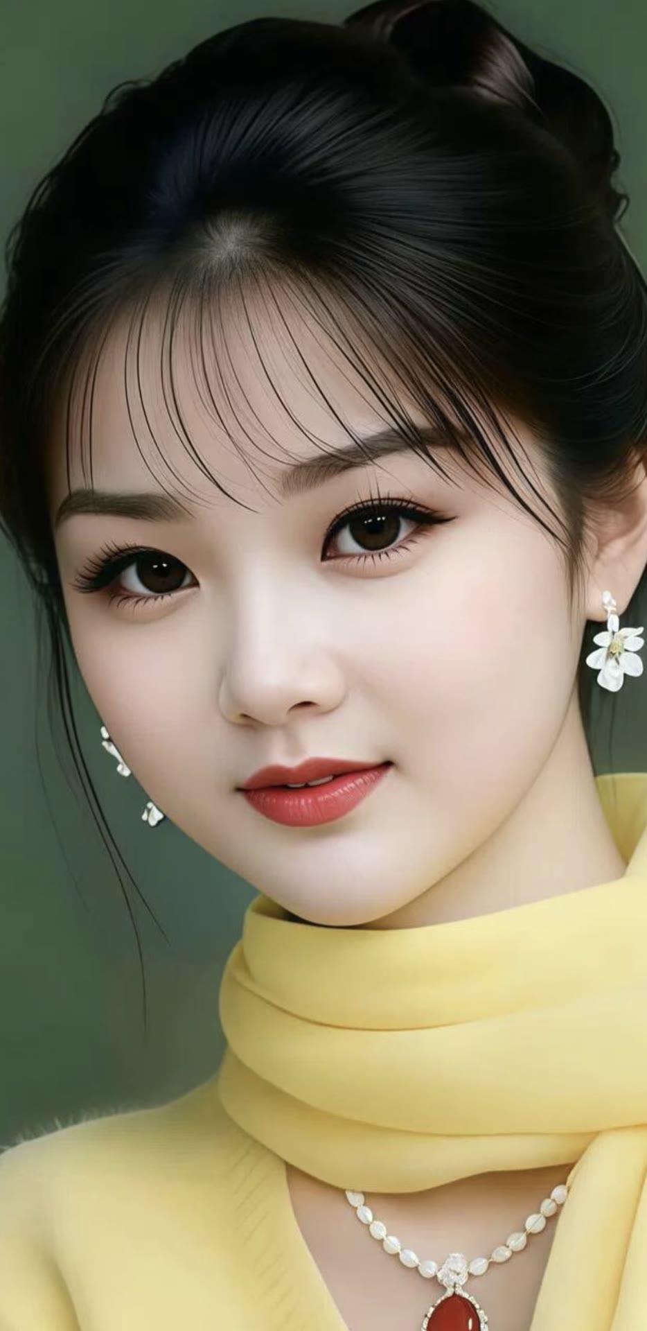 温柔甜美的东方美人，黄色围巾与珍珠项链相得益彰，散发着优雅的气质。