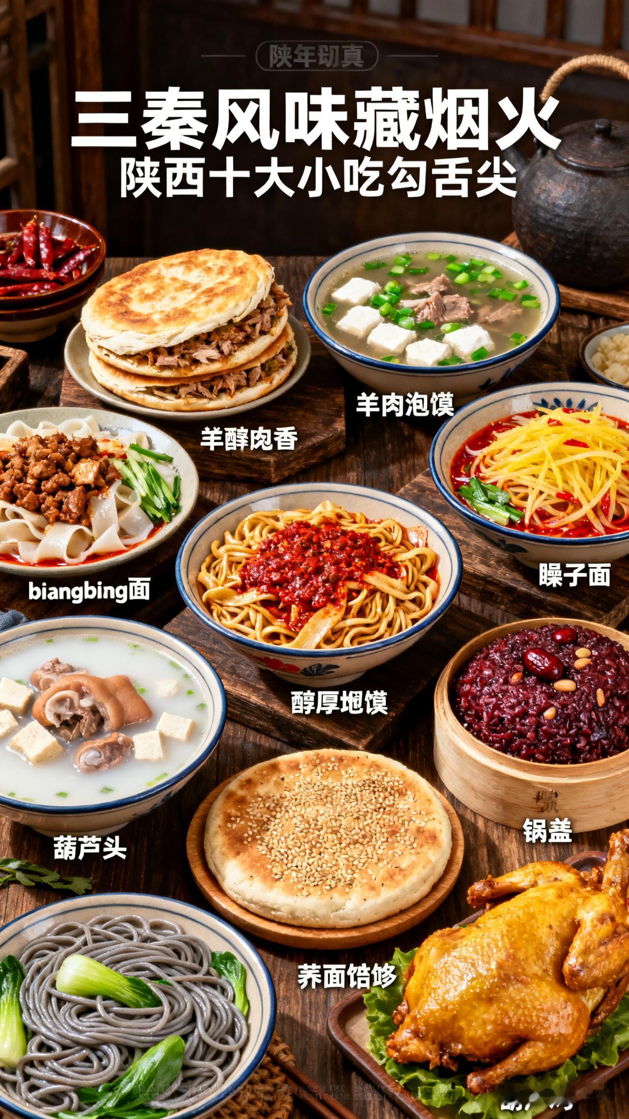 三秦风味藏烟火，陕西十大小吃勾舌尖✨肉夹馍外酥肉香，羊肉泡馍鲜醇入味，凉皮酸辣