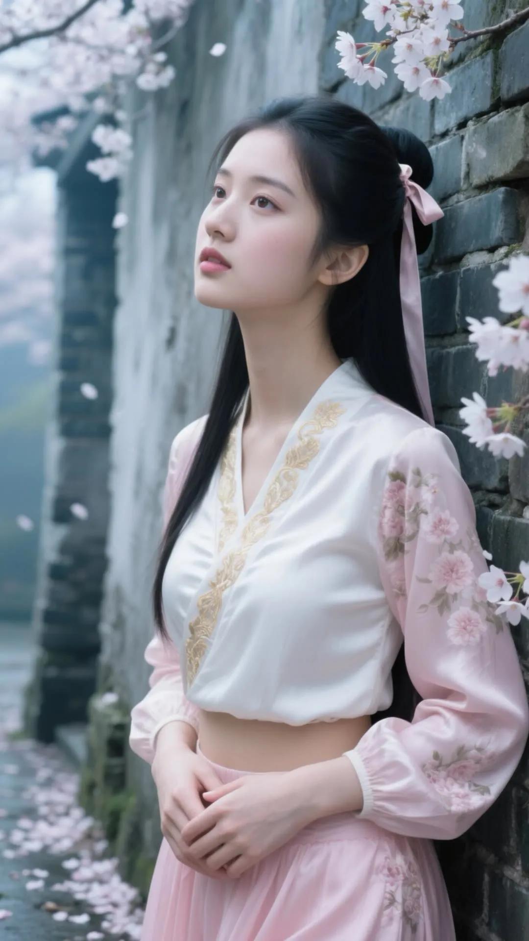 古风少女与樱花墙的浪漫邂逅🌸✨