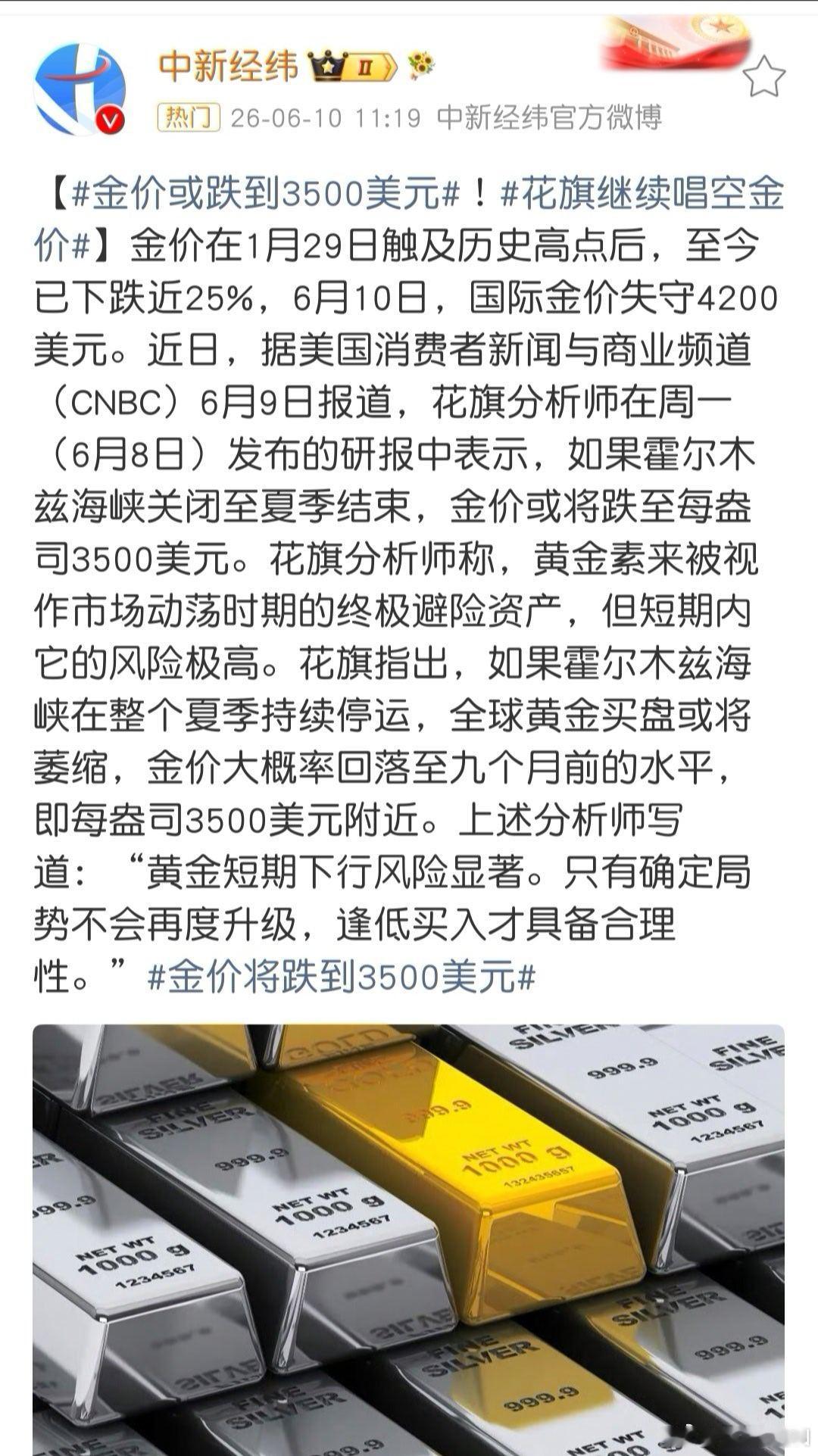 花旗预测金价或跌至3500美元这个时候机构放出这个消息来，是什么意思？看着分析似