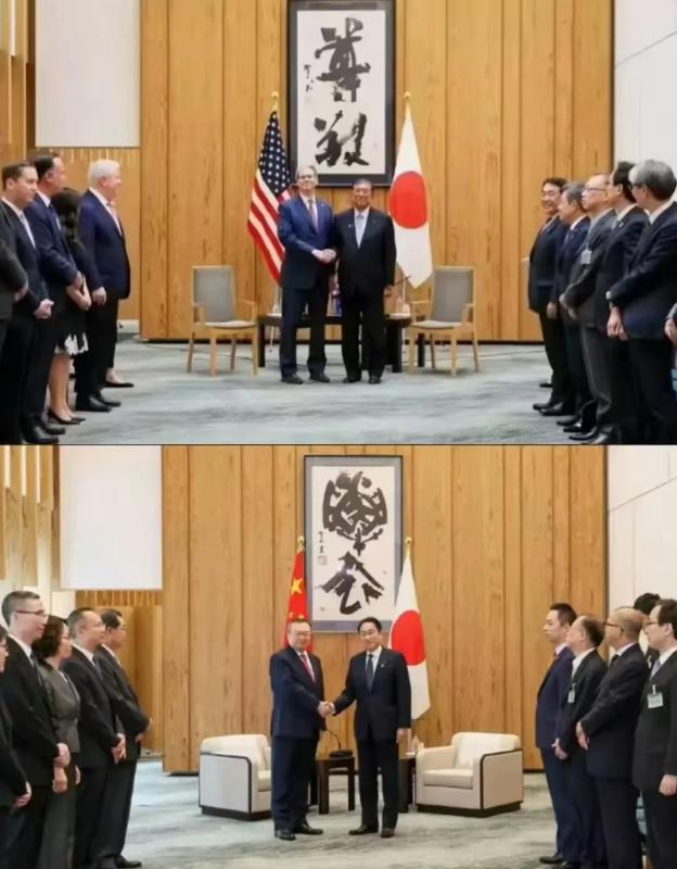 日本接待美国和中国，都是首相接见，室内规格也一样，但一个安排的是椅子，一个安排的