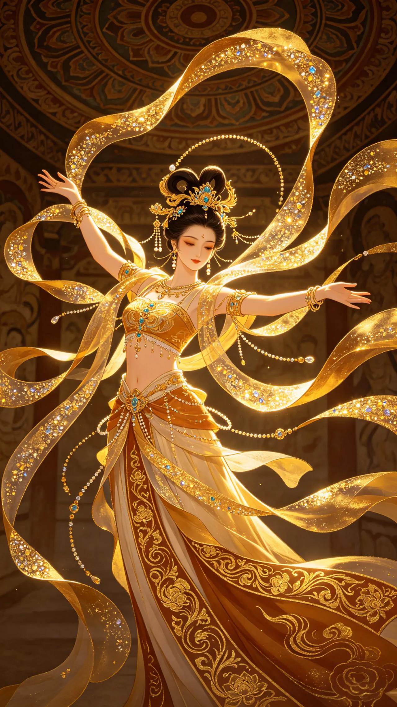 云袂凌空逐晚霞，飞天曼舞落尘沙。金风漫卷千重带，一梦敦煌映梵华。一眼千