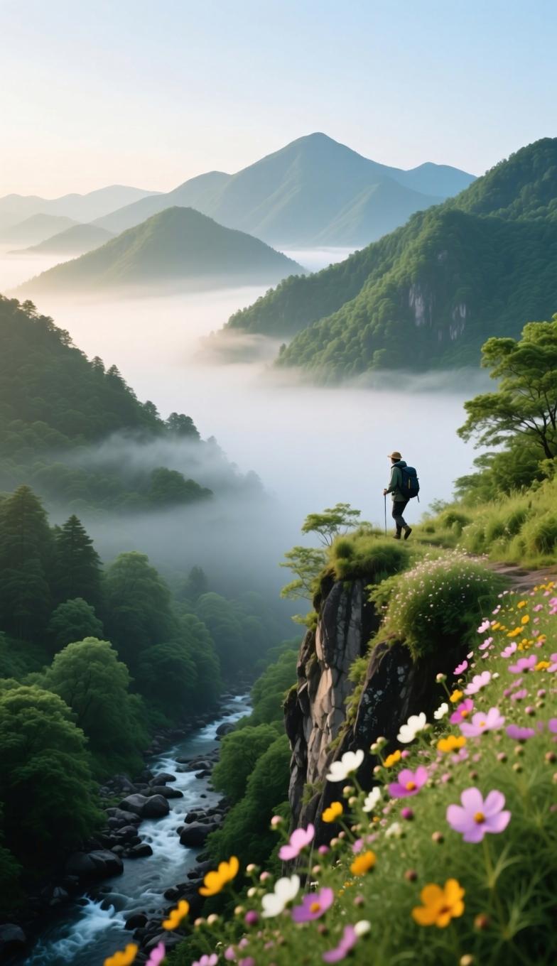 晨·山野行晓雾轻笼叠翠峰，溪声一路伴行踪。山花自在开崖畔，不惹尘喧意
